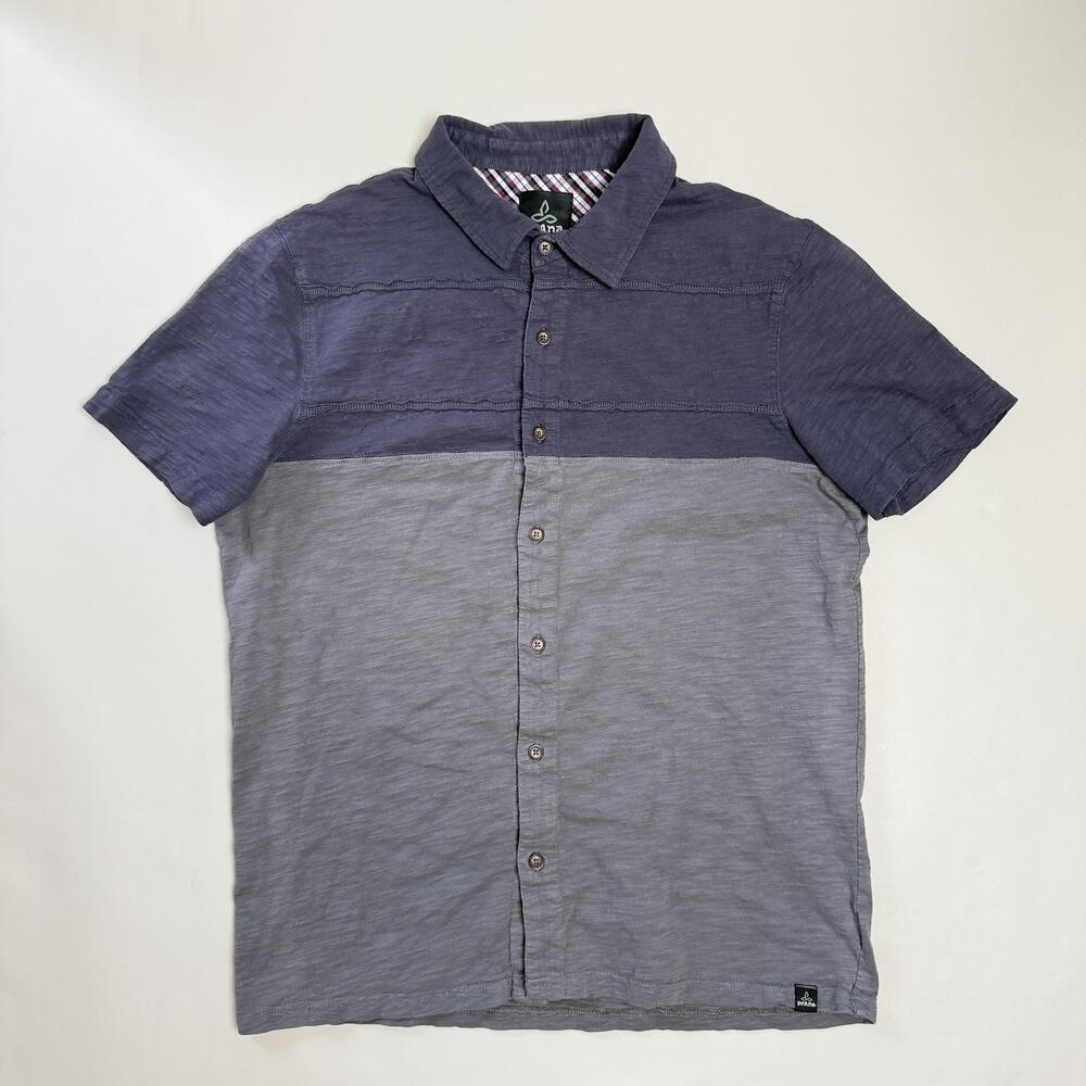 PrAna Shirt Mens Medium Gray Colorblock Short Sleeve Button Up Jersey Knit